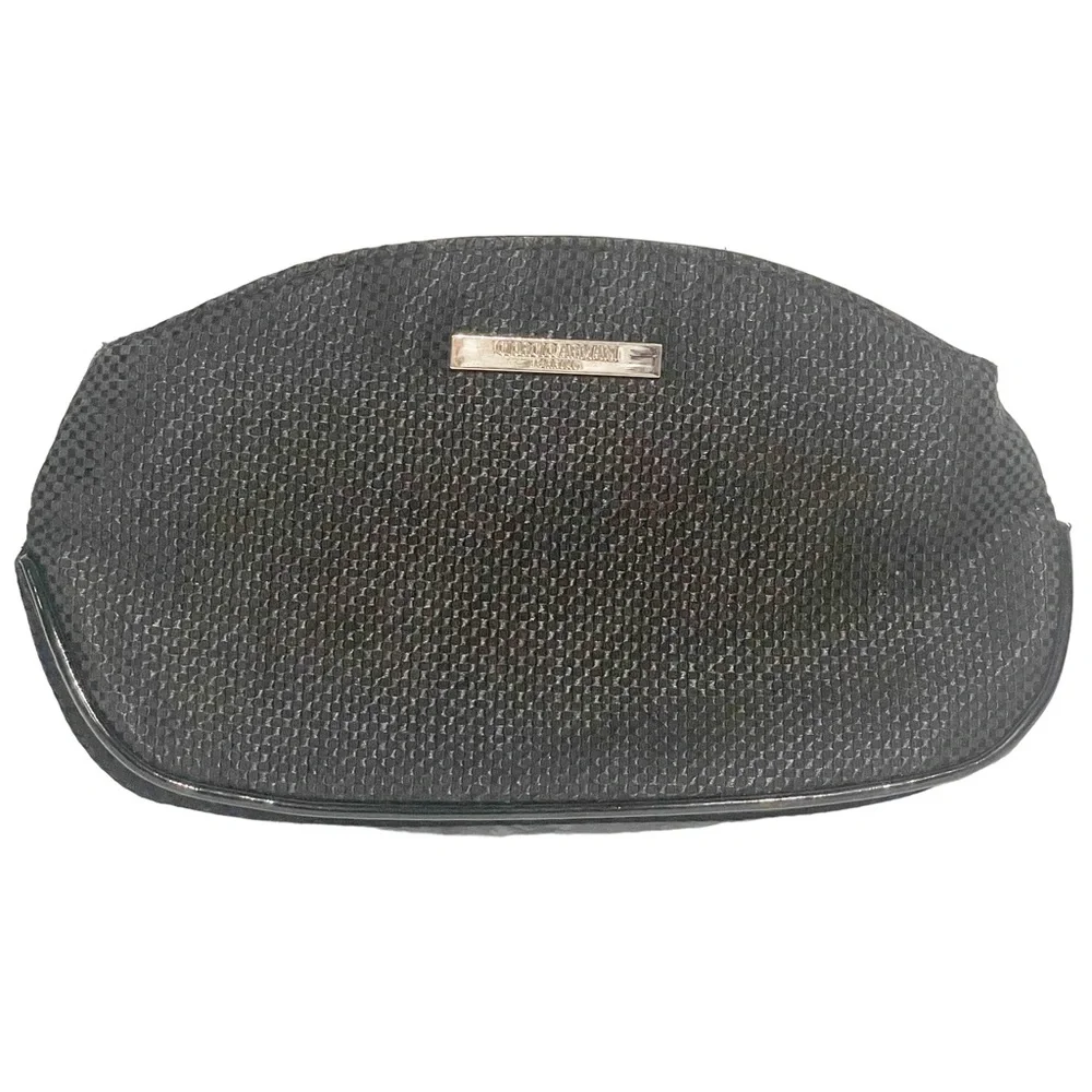 Giorgio Armani Black Full ZIp Textured Domed Makeup Bag